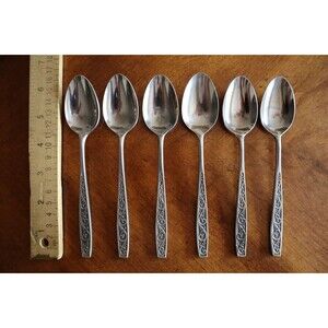 Lot 6x Imperial International IIC DAVOS Stainless Black Floral Teaspoon 6.4"